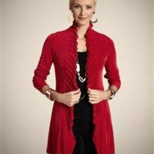 Traveler's by Chicos Size 3 Red open front ruffle accent cardigan travel